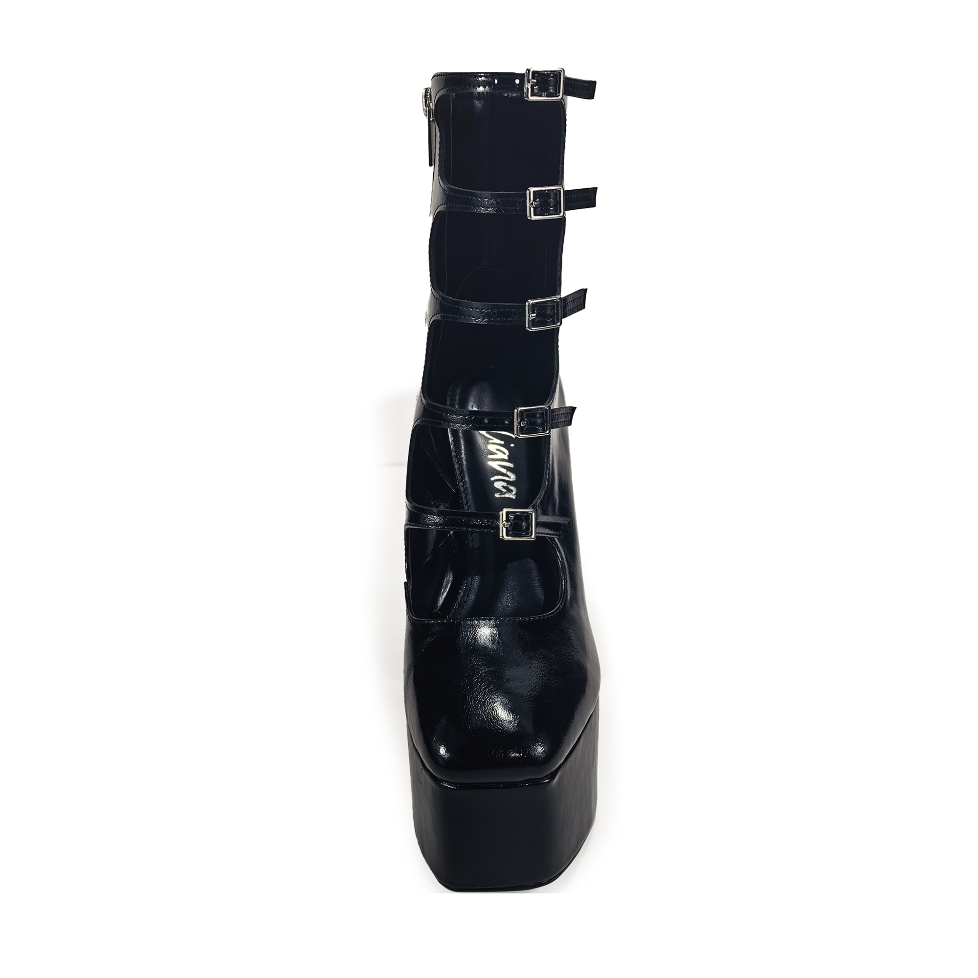 SIMONE-22 CIRCULAR CUTOUTS & BUCKLES PLATFORM BOOTIES W/ HEEL BLACK
