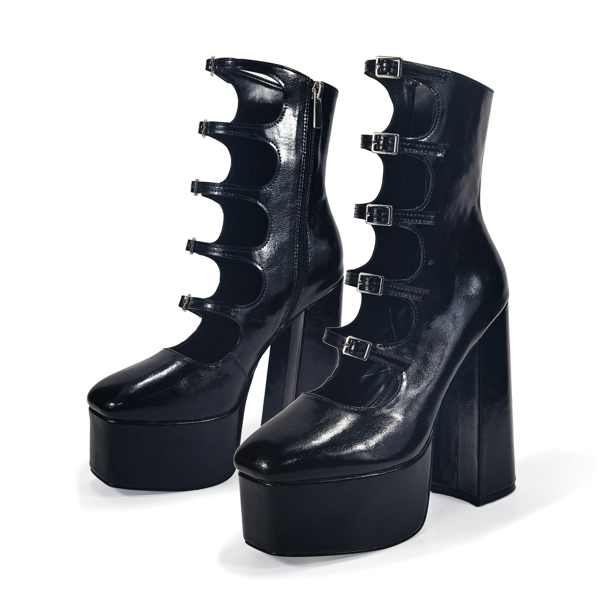 SIMONE-22 CIRCULAR CUTOUTS & BUCKLES PLATFORM BOOTIES W/ HEEL BLACK