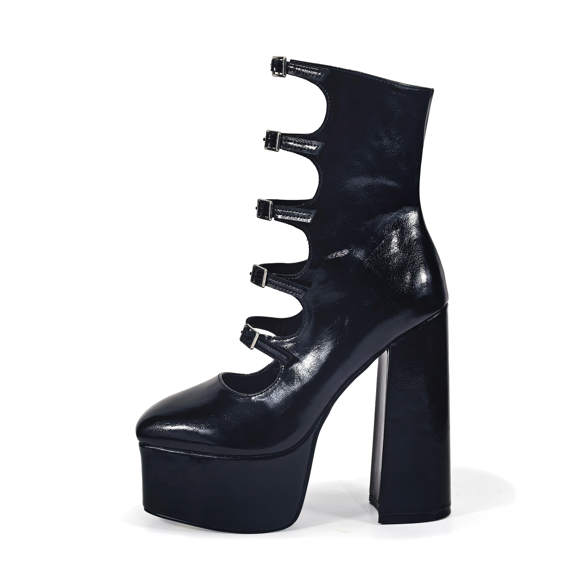 SIMONE-22 CIRCULAR CUTOUTS & BUCKLES PLATFORM BOOTIES W/ HEEL BLACK