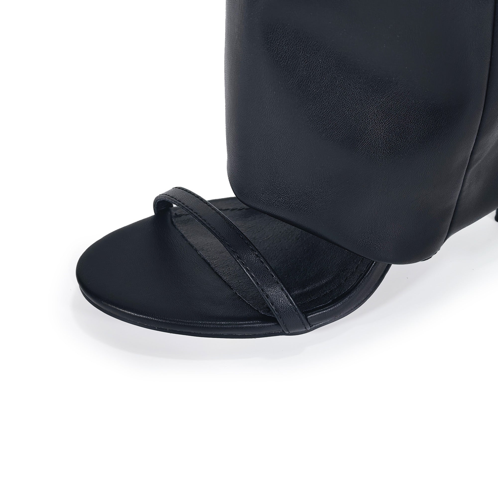 TAYLOR-1 OPEN TOE KNEE HEIGHT SANAL W/ HEEL, BLACK