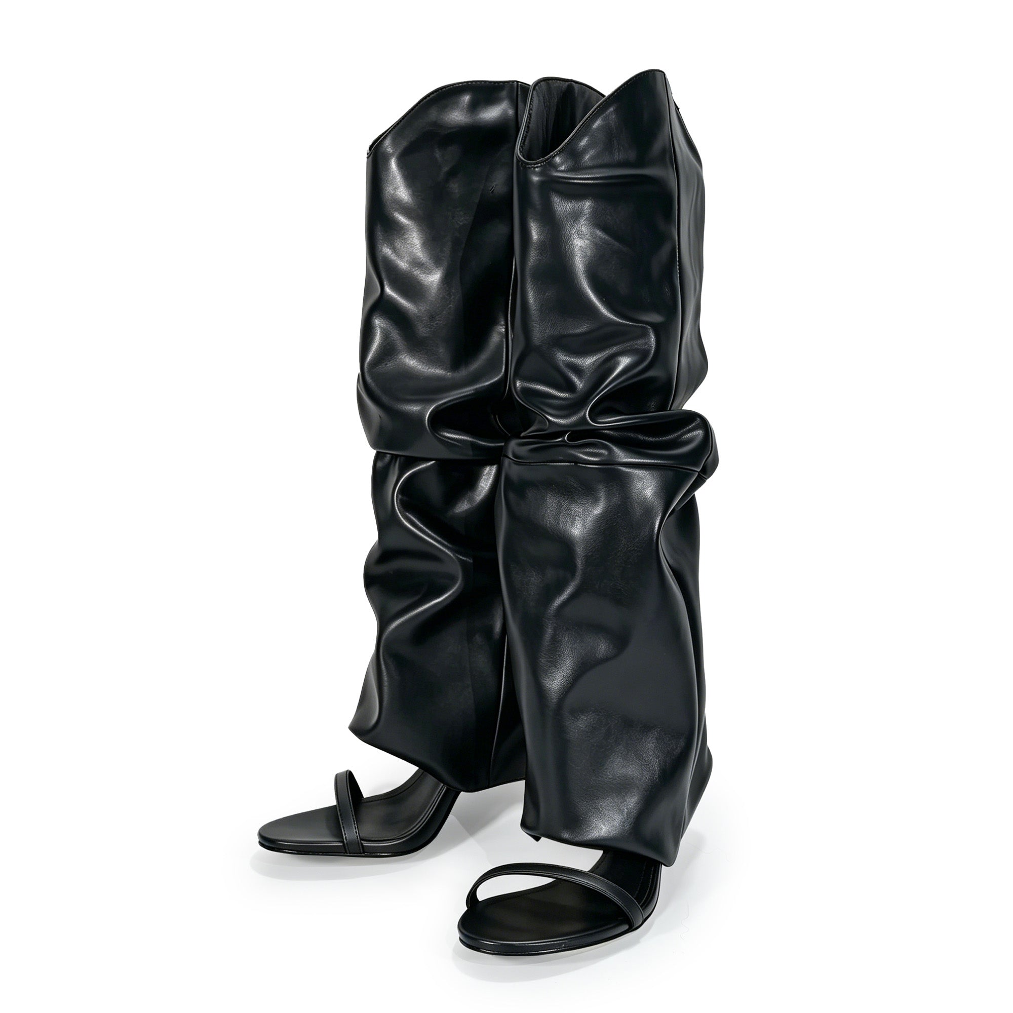 TAYLOR-1 OPEN TOE KNEE HEIGHT SANAL W/ HEEL, BLACK