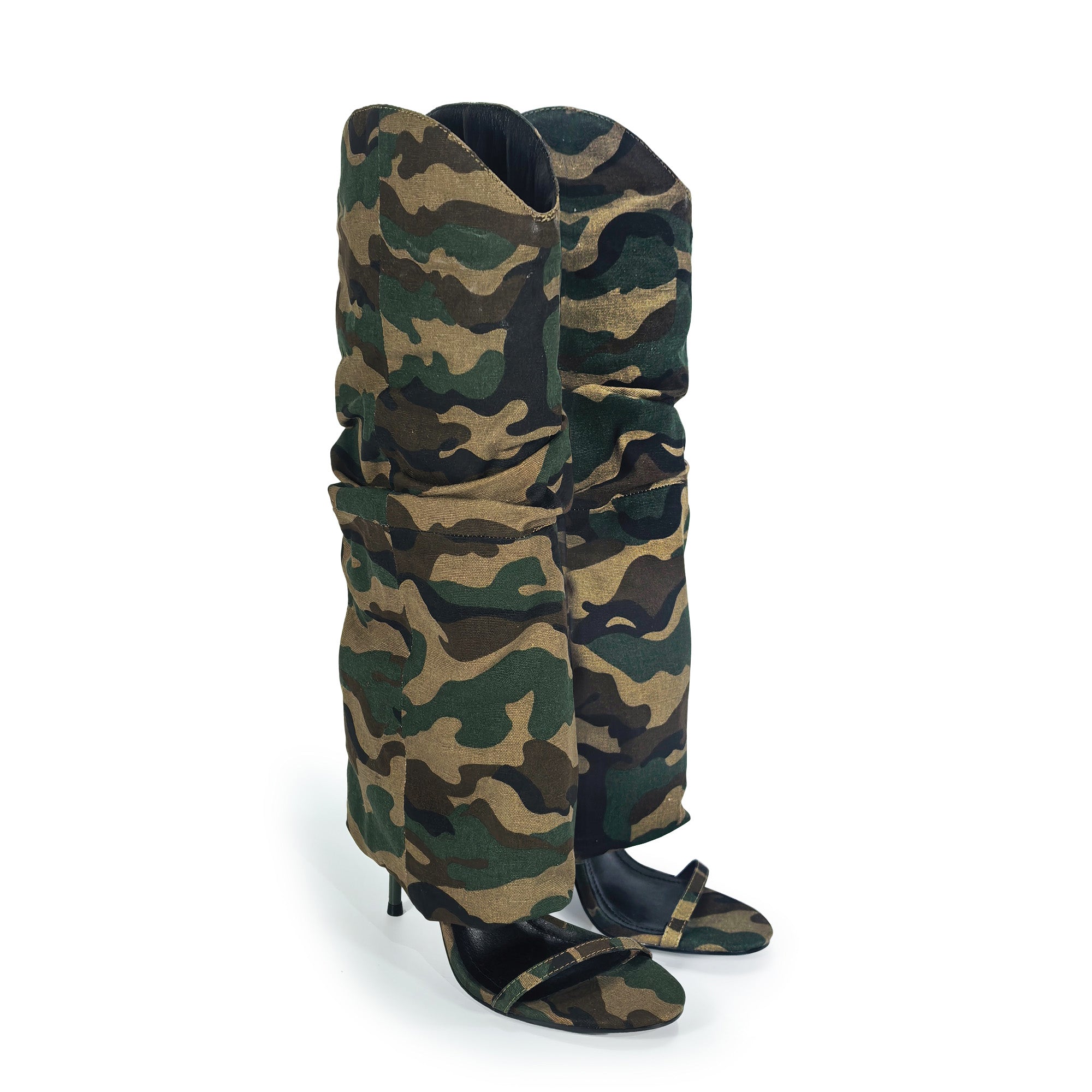 TAYLOR-1 OPEN TOE KNEE HEIGHT SANAL W/ HEEL, CAMO