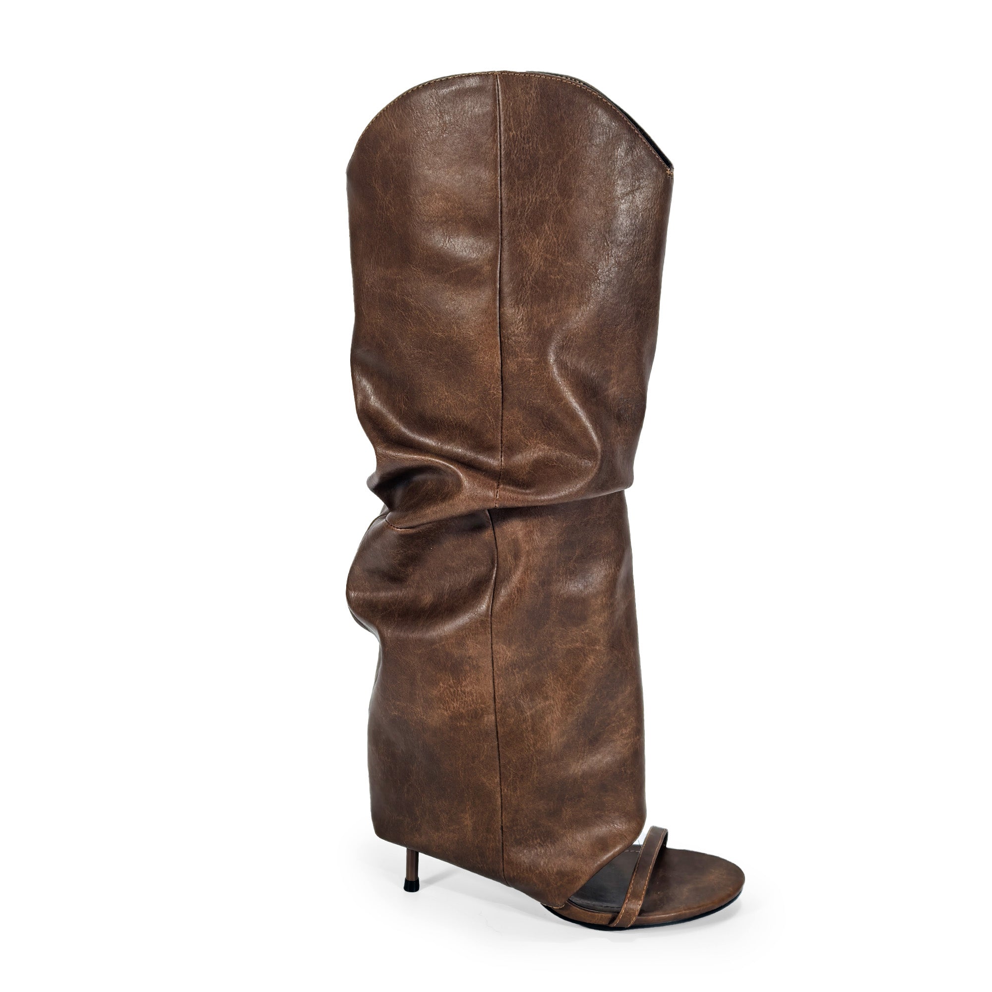 TAYLOR-1 OPEN TOE KNEE HEIGHT SANAL W/ HEEL, WASHED BROWN