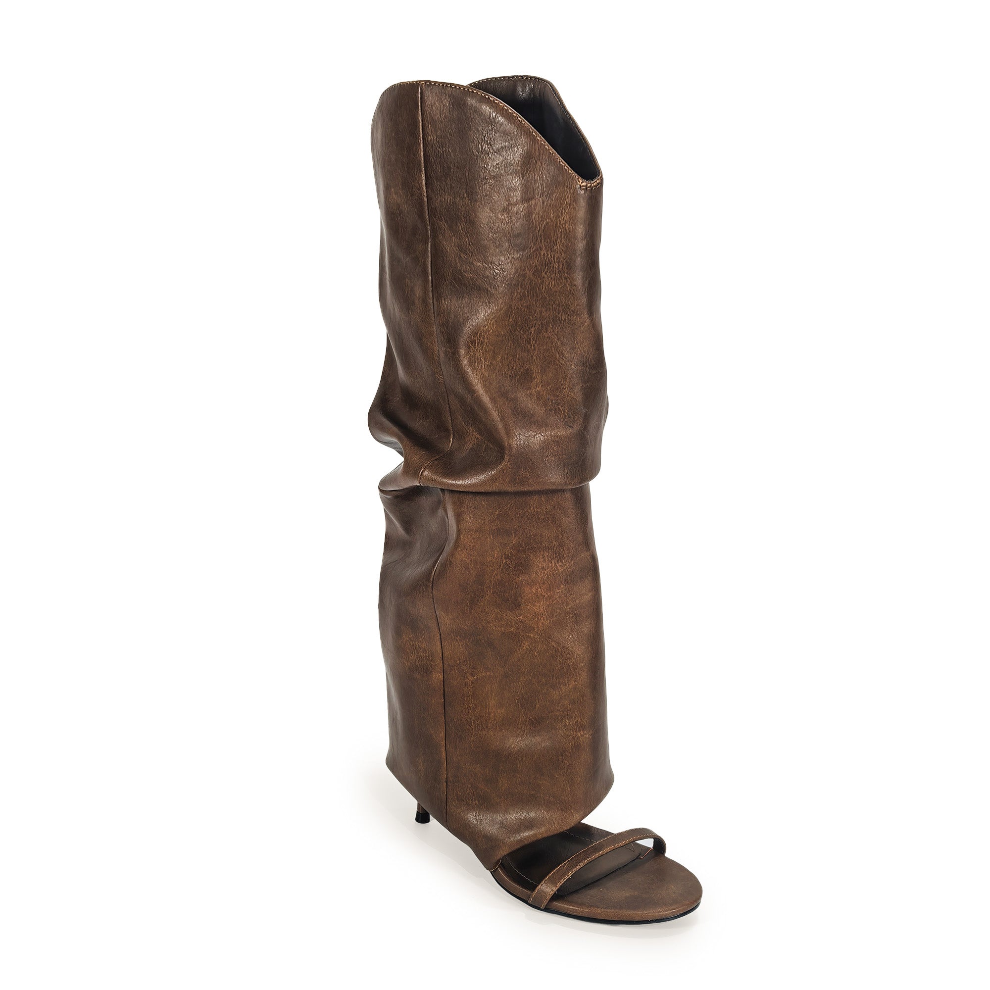 TAYLOR-1 OPEN TOE KNEE HEIGHT SANAL W/ HEEL, WASHED BROWN