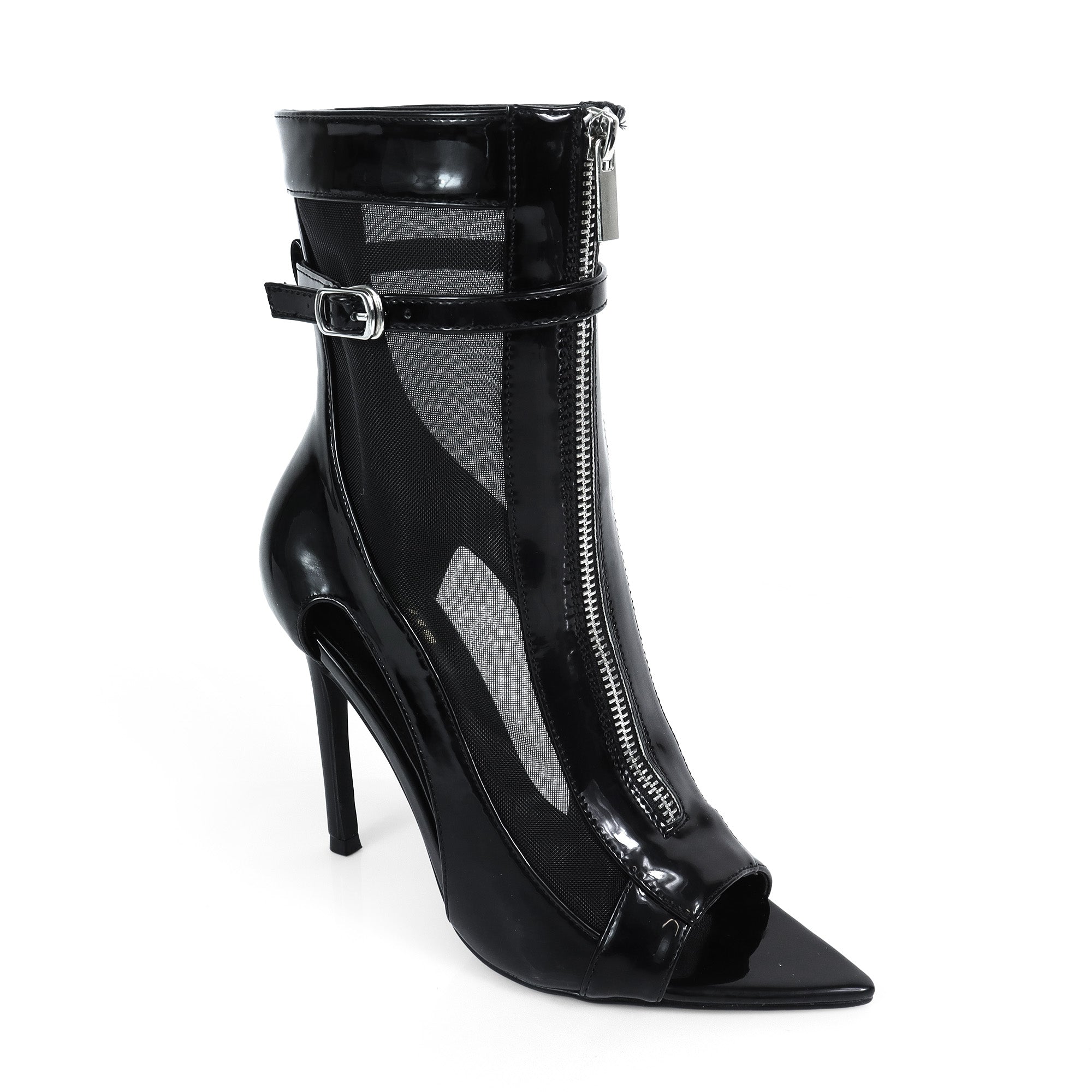 TISHA-157 POINTED TOE MESH ZIPPER HEEL W/ SINGLE SOLE BLACK