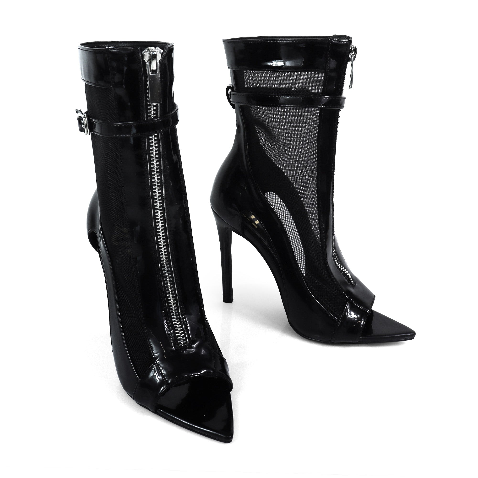 TISHA-157 POINTED TOE MESH ZIPPER HEEL W/ SINGLE SOLE BLACK