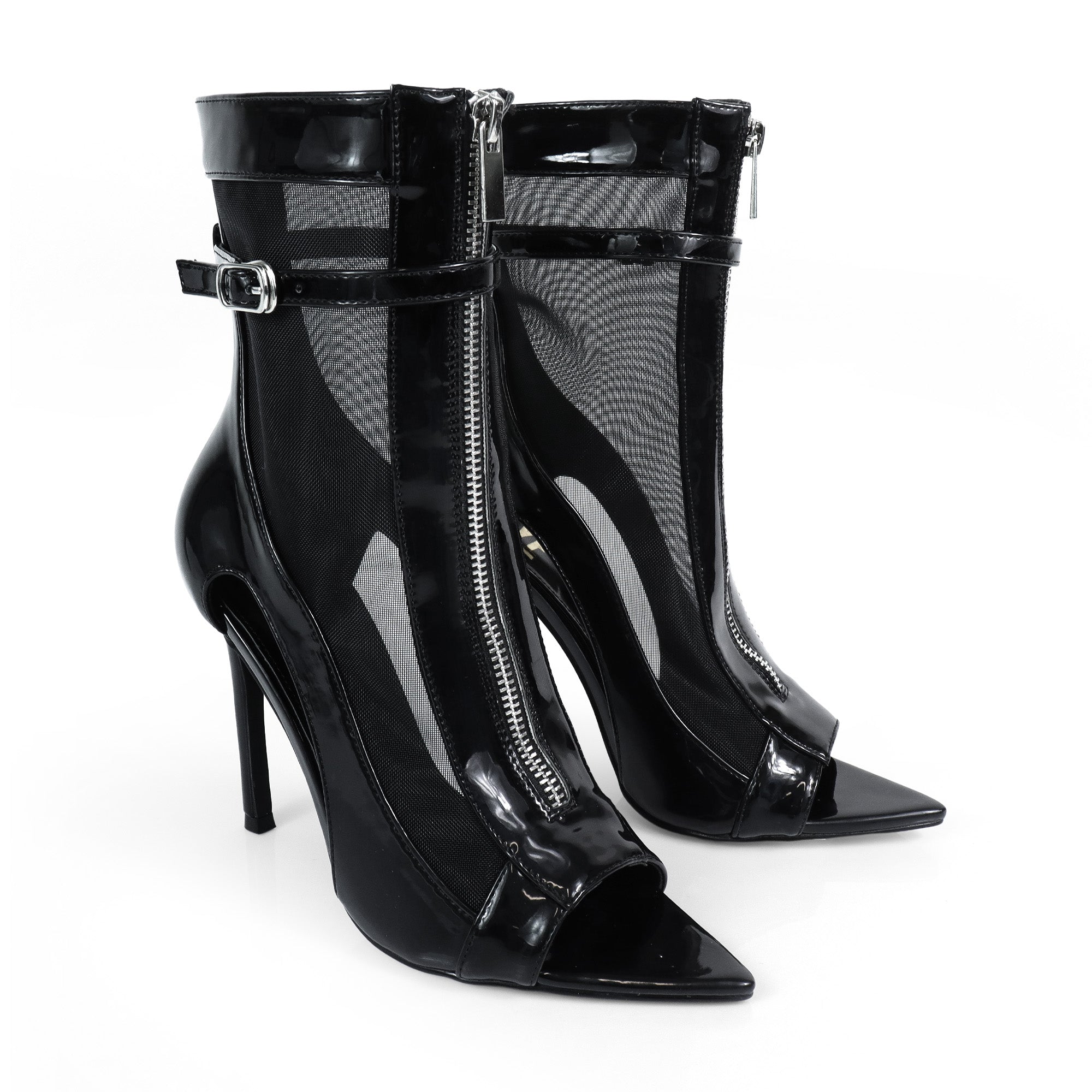 TISHA-157 POINTED TOE MESH ZIPPER HEEL W/ SINGLE SOLE BLACK