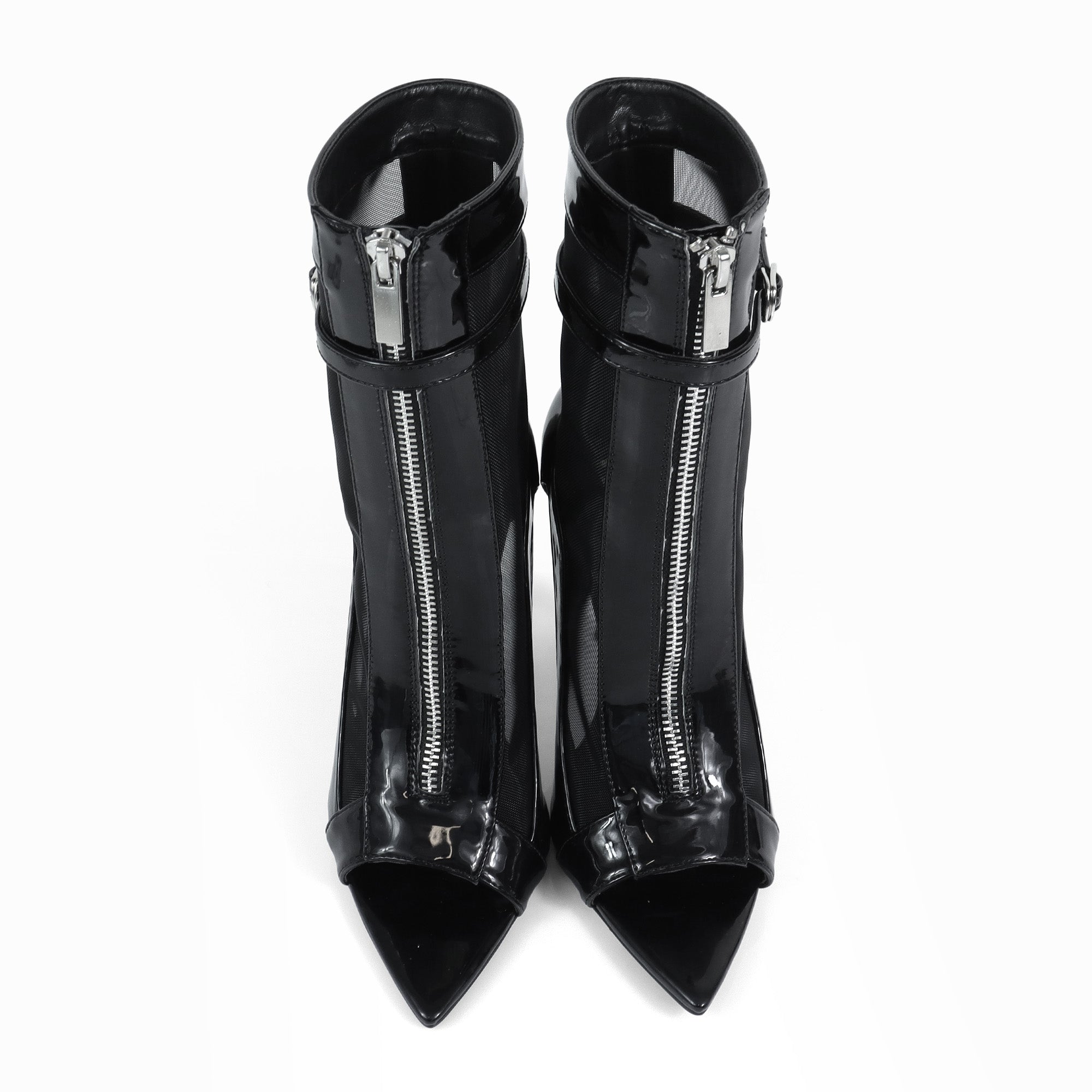TISHA-157 POINTED TOE MESH ZIPPER HEEL W/ SINGLE SOLE BLACK