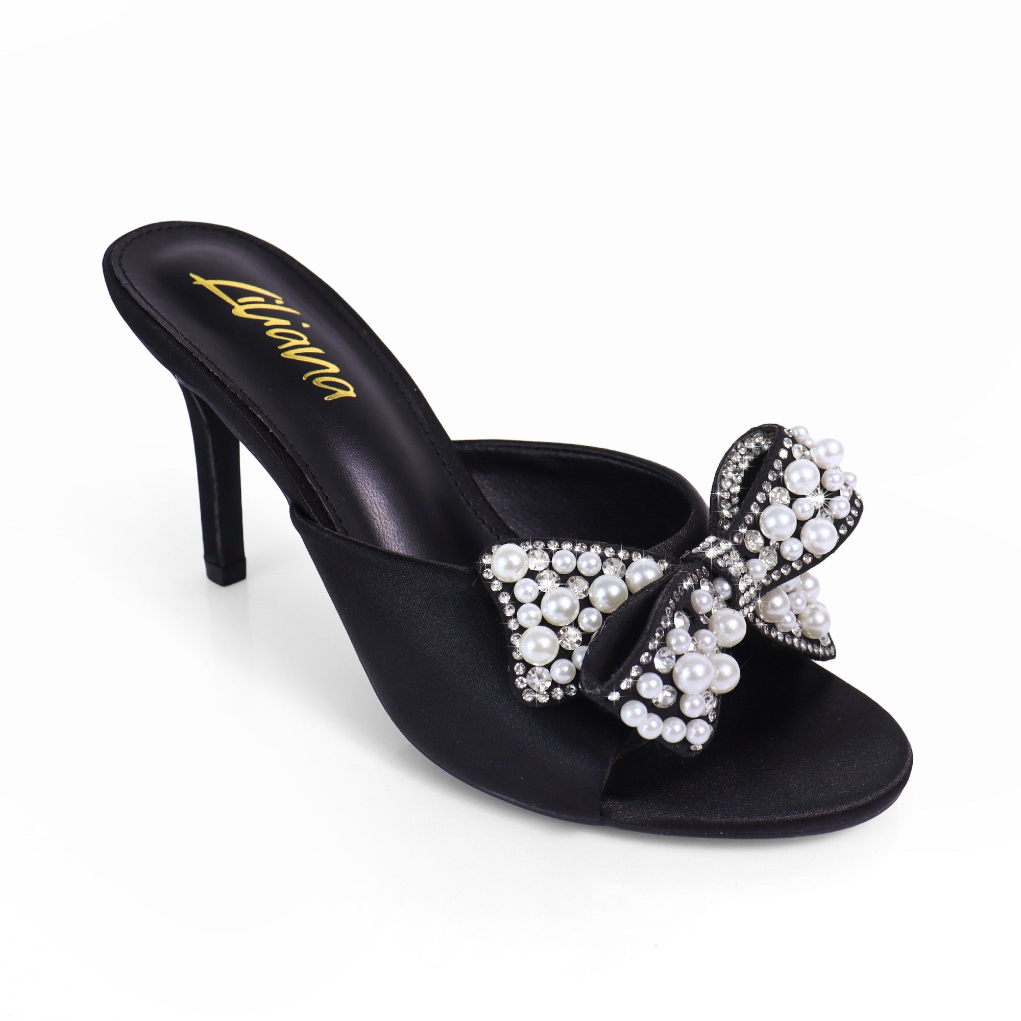 TRIBECA-1 SATIN OPEN TOE HEEL W/ BOW RHINESTONE/PEARL DETAIL BLACK