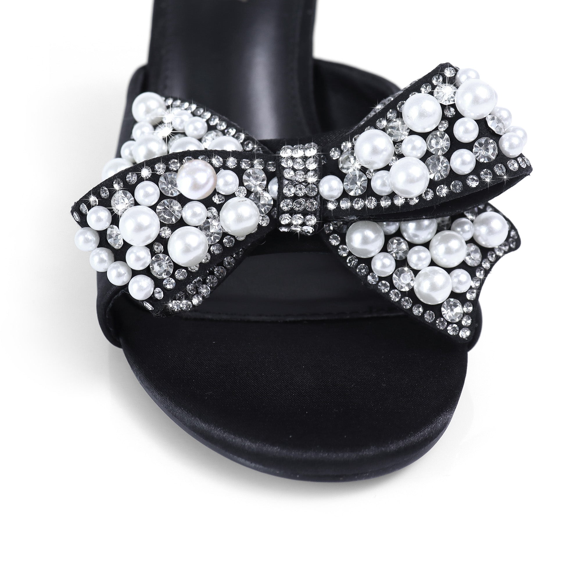 TRIBECA-1 SATIN OPEN TOE HEEL W/ BOW RHINESTONE/PEARL DETAIL BLACK