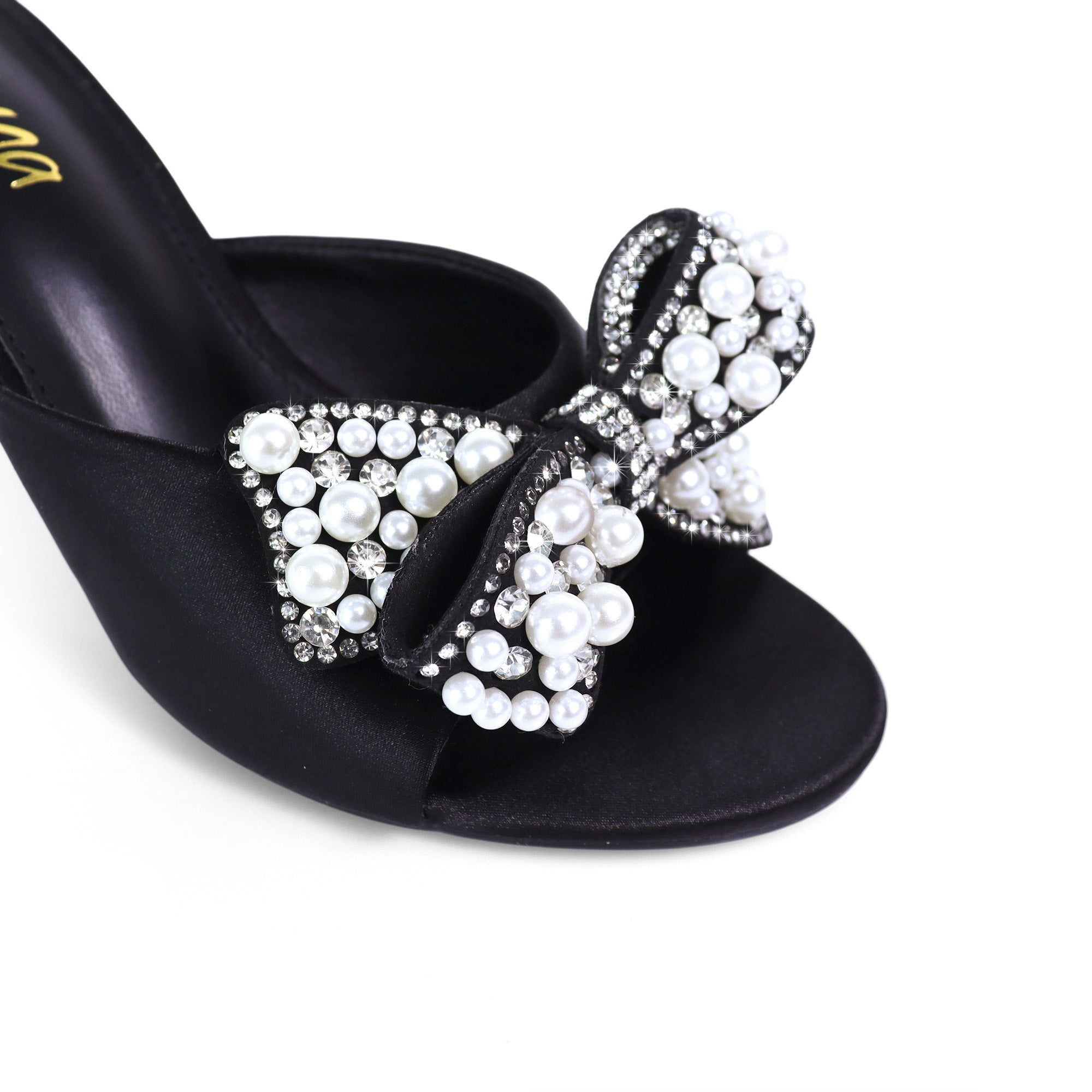 TRIBECA-1 SATIN OPEN TOE HEEL W/ BOW RHINESTONE/PEARL DETAIL BLACK