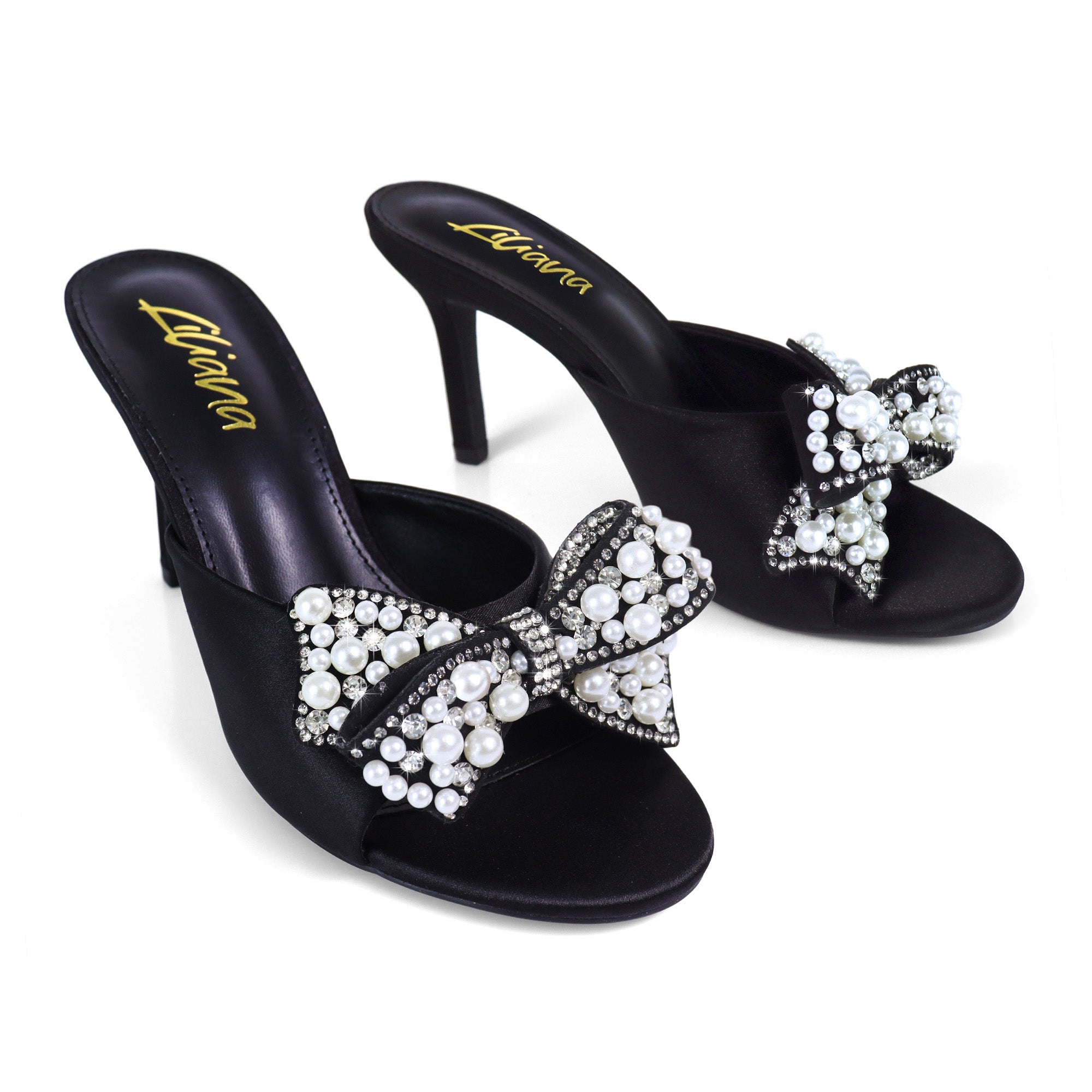 TRIBECA-1 SATIN OPEN TOE HEEL W/ BOW RHINESTONE/PEARL DETAIL BLACK