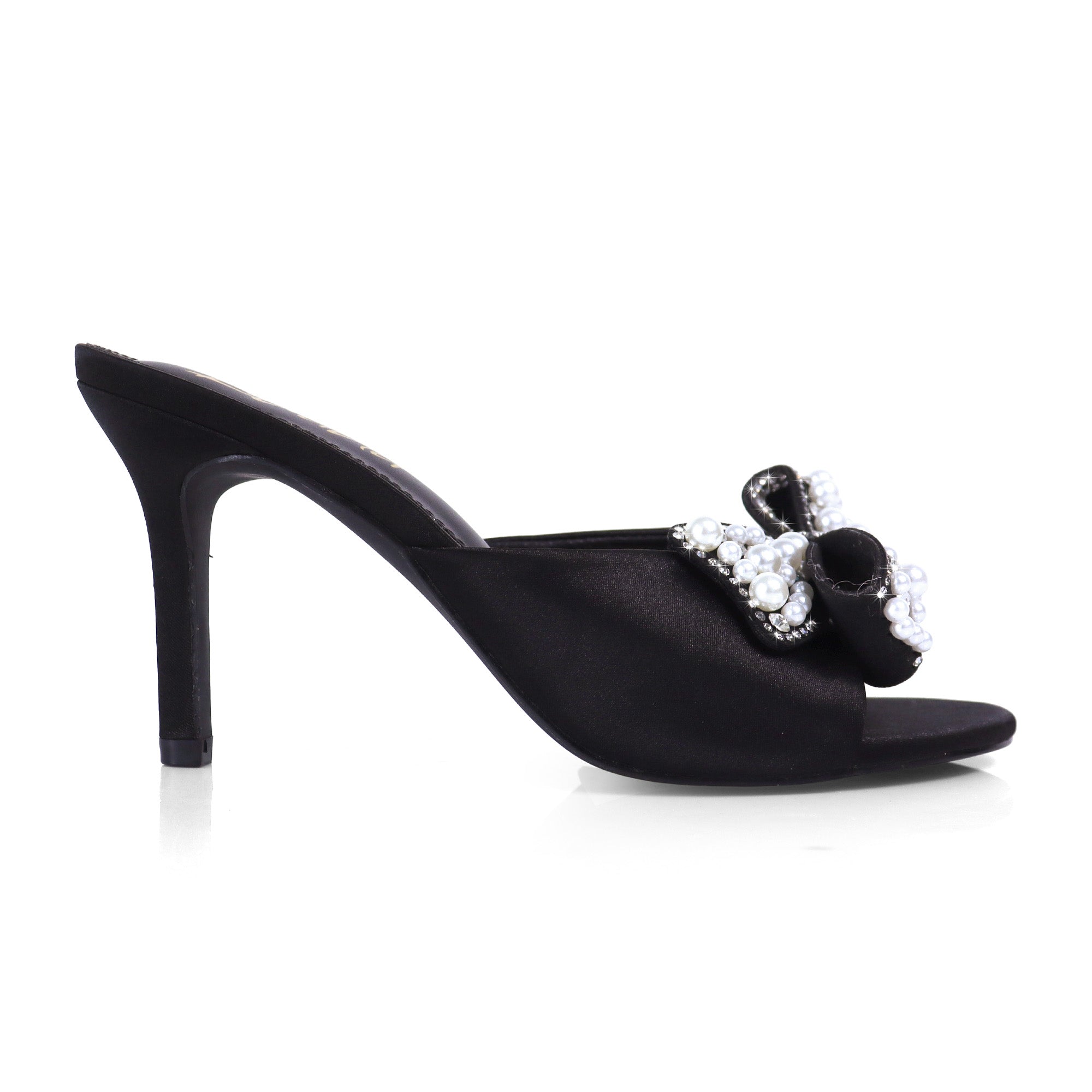 TRIBECA-1 SATIN OPEN TOE HEEL W/ BOW RHINESTONE/PEARL DETAIL BLACK