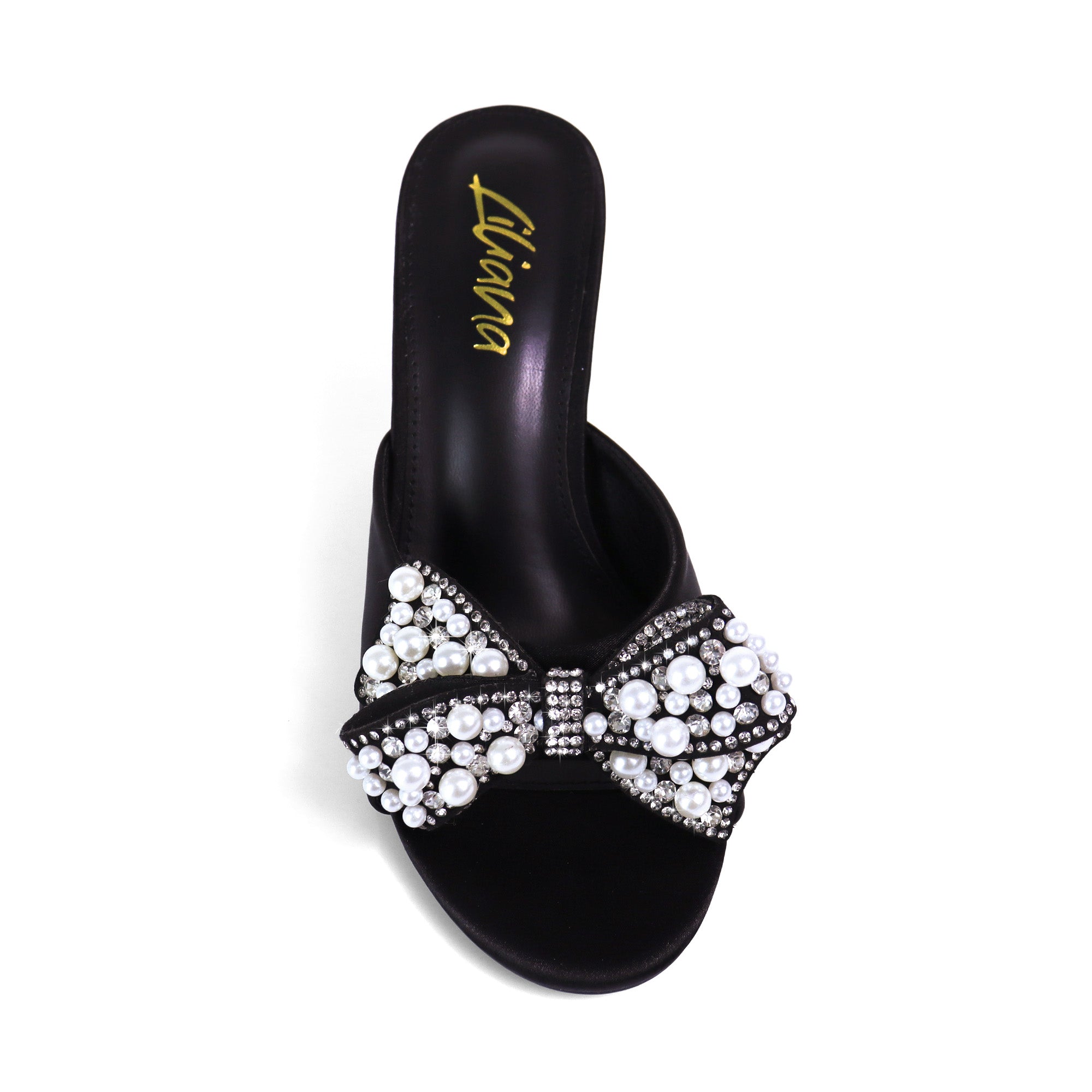 TRIBECA-1 SATIN OPEN TOE HEEL W/ BOW RHINESTONE/PEARL DETAIL BLACK