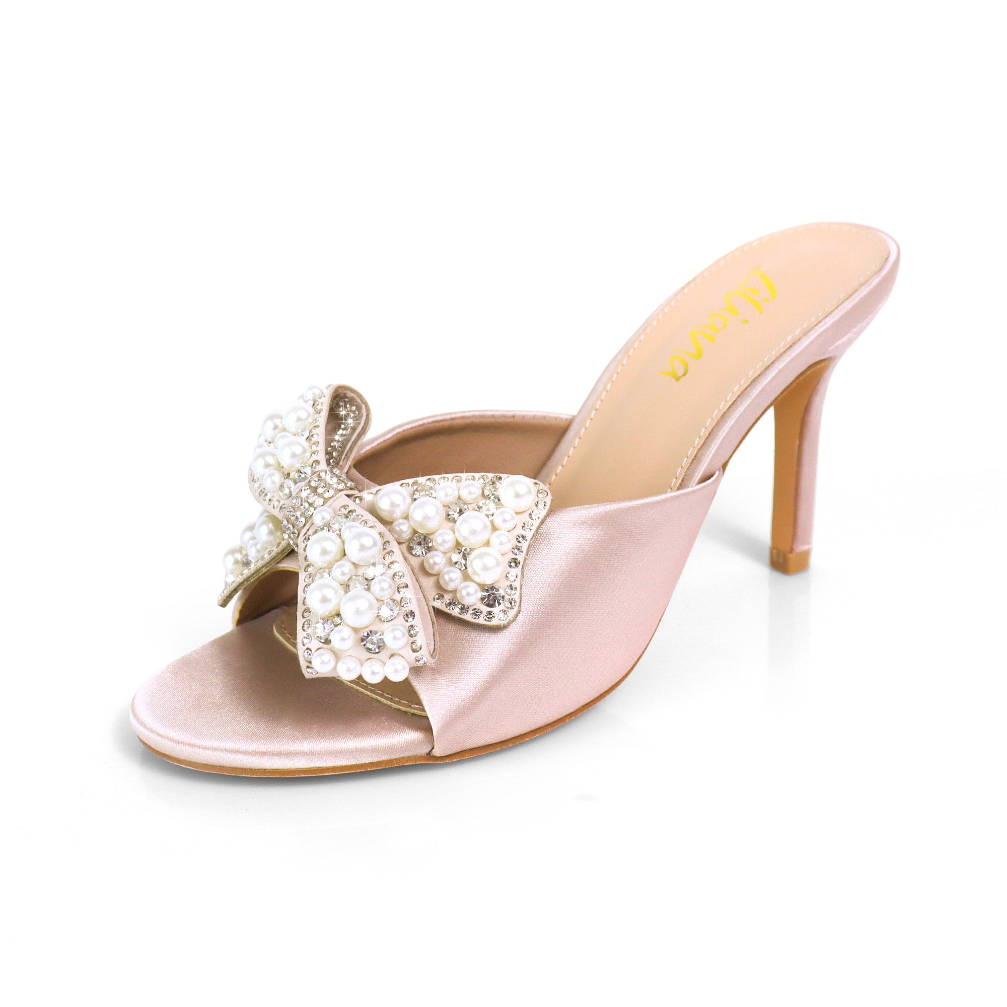 TRIBECA-1 SATIN OPEN TOE HEEL W/ BOW RHINESTONE/PEARL DETAIL CHAMPAGNE
