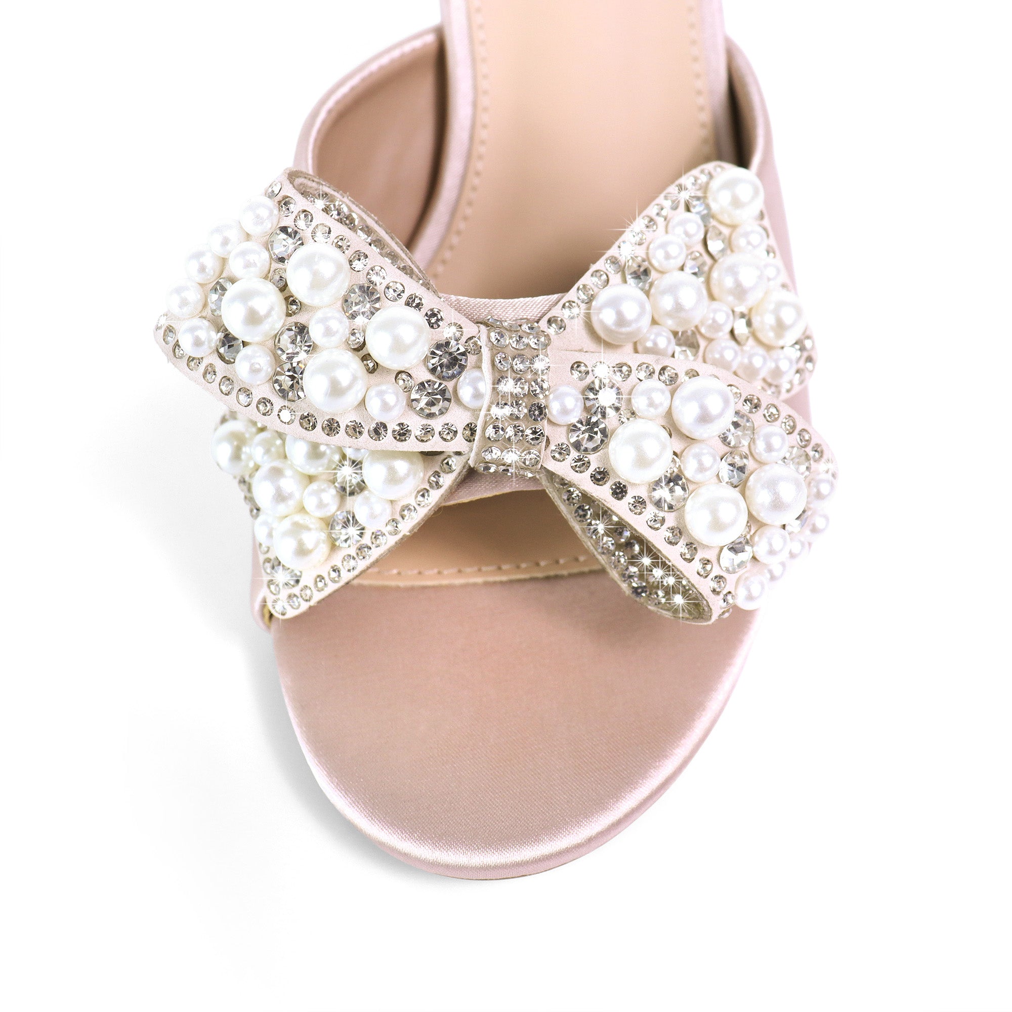 TRIBECA-1 SATIN OPEN TOE HEEL W/ BOW RHINESTONE/PEARL DETAIL CHAMPAGNE