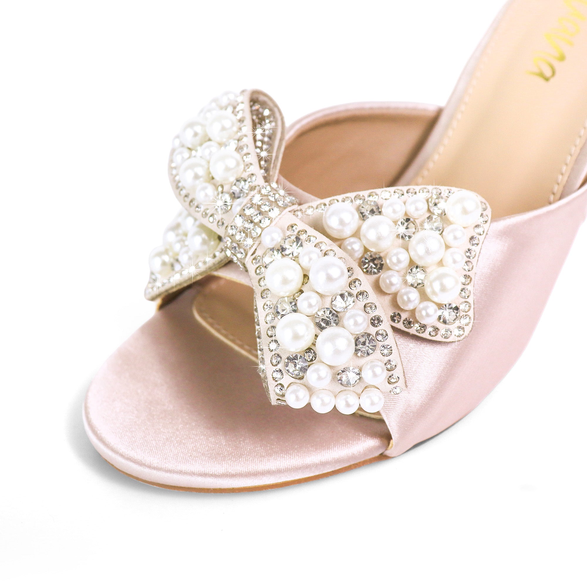 TRIBECA-1 SATIN OPEN TOE HEEL W/ BOW RHINESTONE/PEARL DETAIL CHAMPAGNE