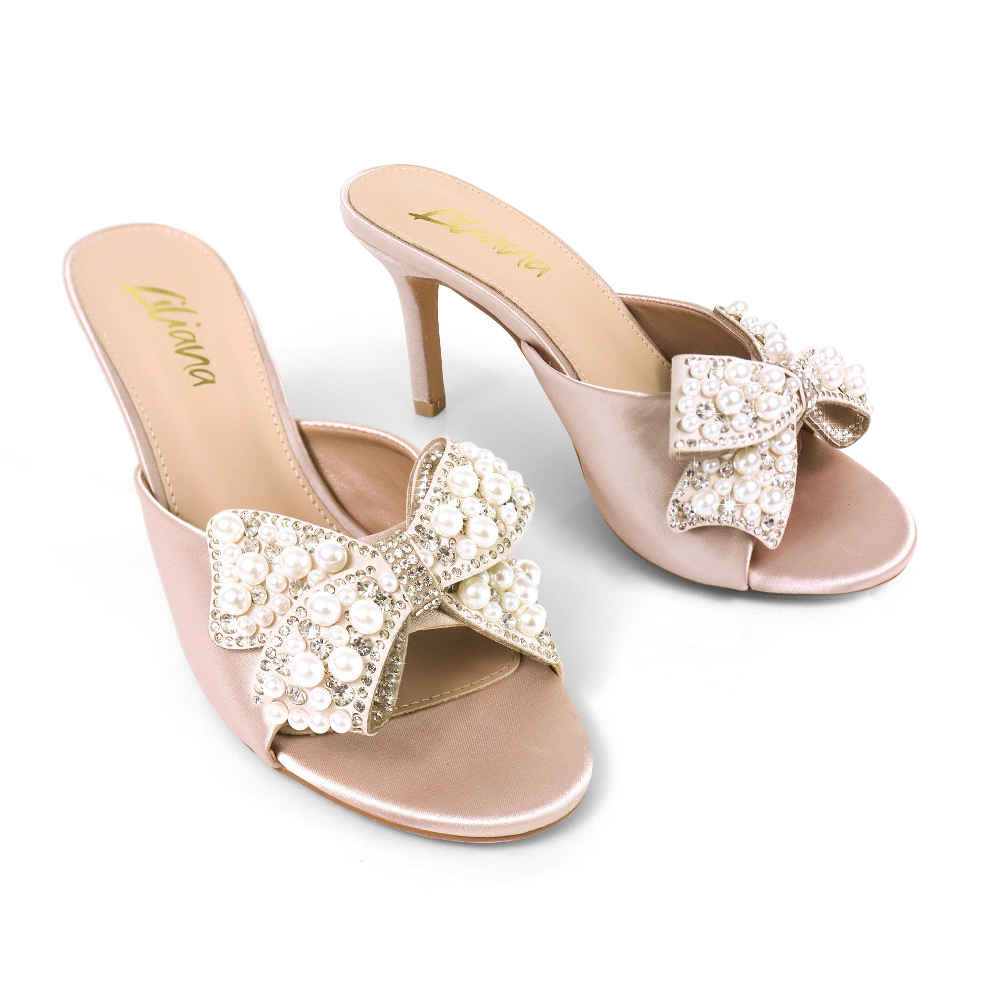TRIBECA-1 SATIN OPEN TOE HEEL W/ BOW RHINESTONE/PEARL DETAIL CHAMPAGNE