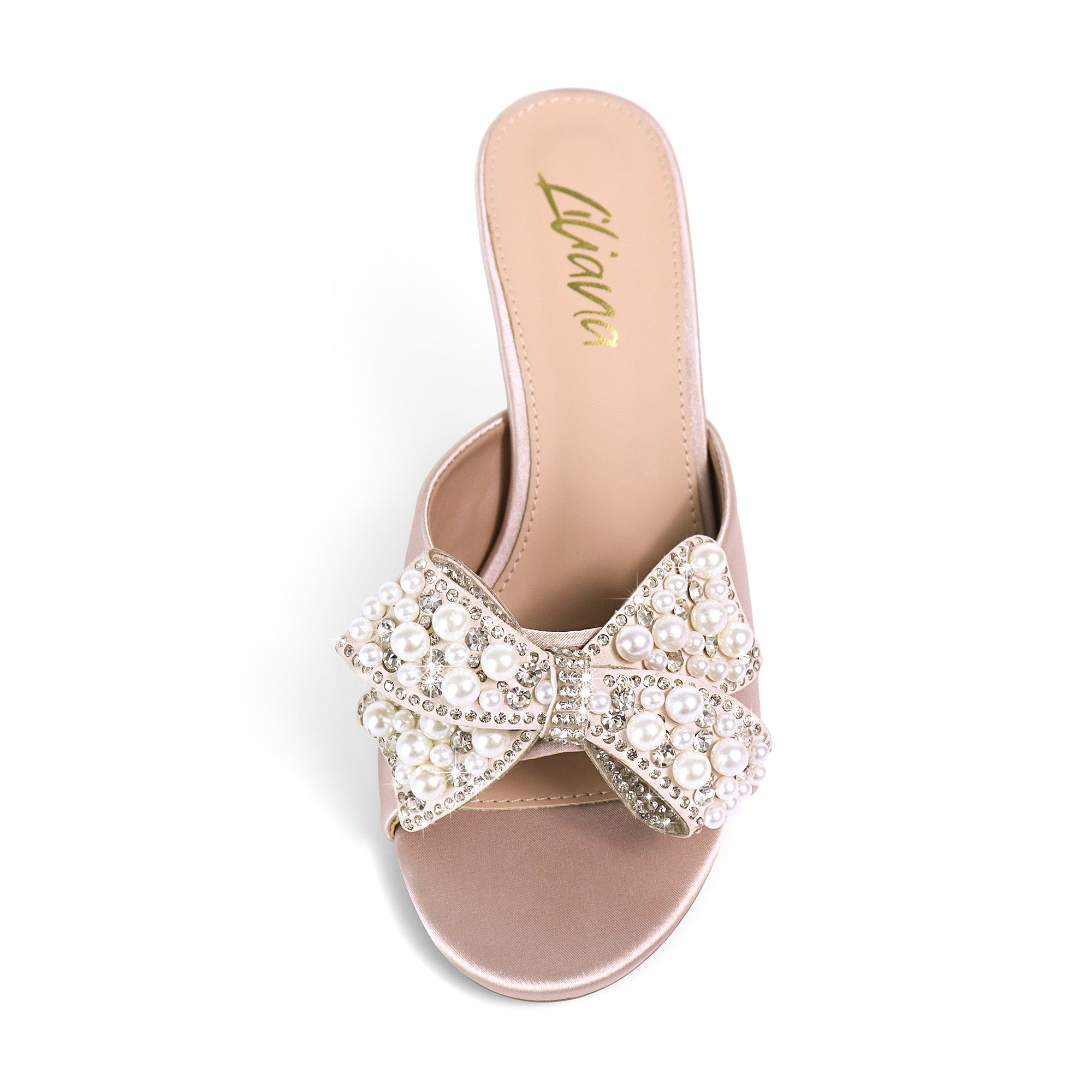 TRIBECA-1 SATIN OPEN TOE HEEL W/ BOW RHINESTONE/PEARL DETAIL CHAMPAGNE