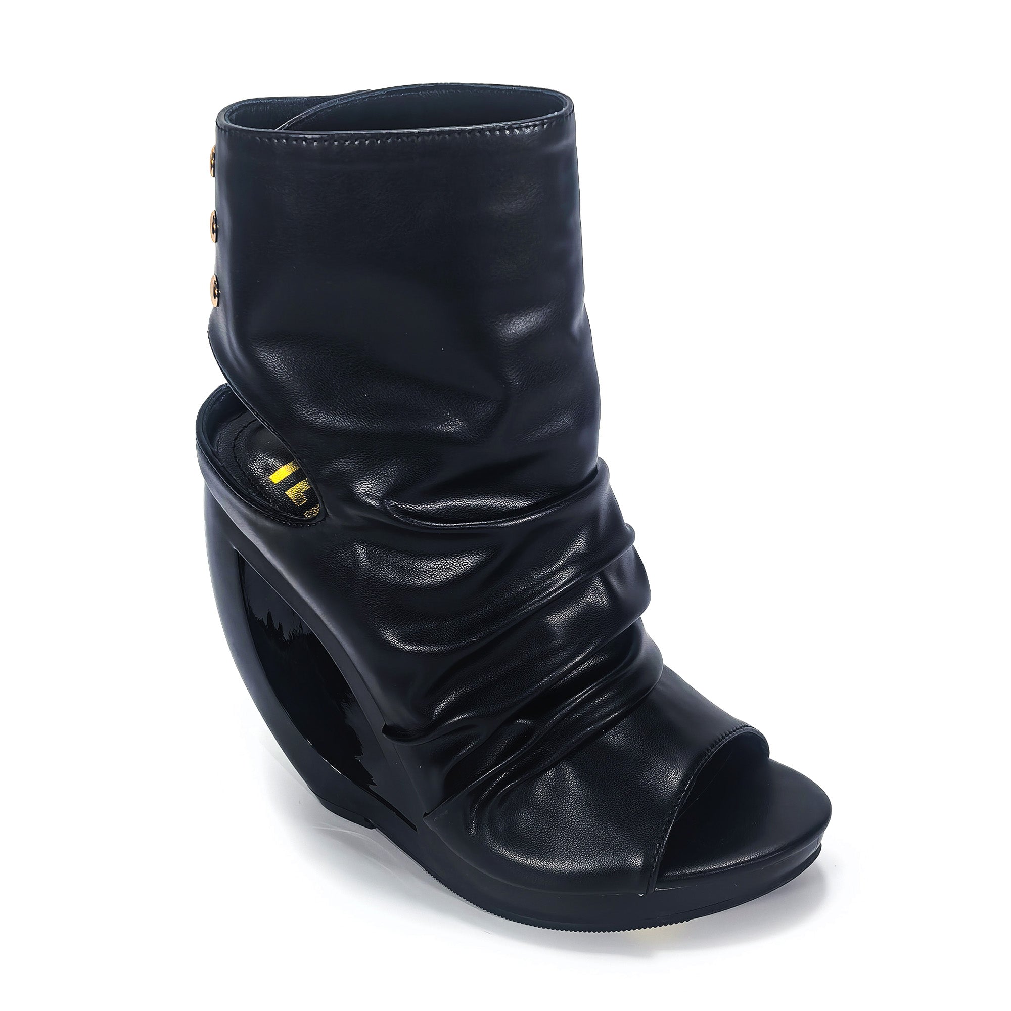 ZILLAH-1 OPEN TOE CUT OUT WEDGE SLOUCH BOOTIES BLACK